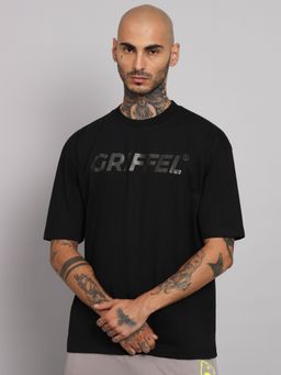 Griffel - Men Printed Black Loose Fit Cotton T-Shirt