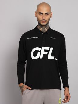 Griffel - Mens Black Gfl Printed Cotton Full Sleeve Polo T-Shirt