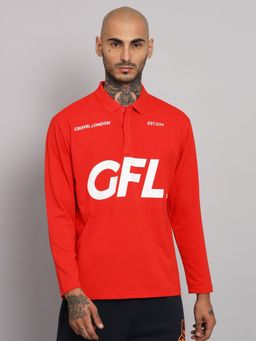 Griffel - Mens Red Gfl Printed Cotton Full Sleeve Polo T-Shirt