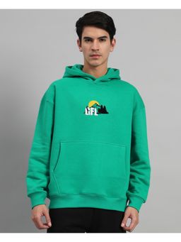 Griffel - Mens Bottle Green Front Logo Oversized Back Print Fleece Hoodie Sweatshirt