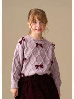 ANGEL & ROCKET - Clara Textured Knit Velvet Bow Sweater - Purple