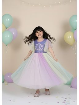 Mini Stitch - Net Woven half Sleeves Embellished Party Gown- Lilac - Purple