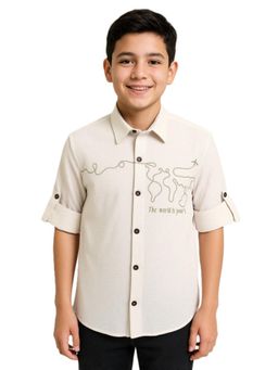 CAVIO - Boys Full Sleeves Embroidered Solid Shirt - Cream
