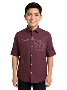 CAVIO - Boys Full Sleeves Embroidered Solid Shirt - Wine