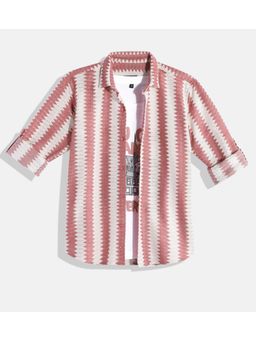 CAVIO - Boys Cotton Full Sleeves Striped Shirt with T-Shirt - Peach