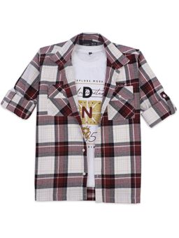 CAVIO - Boys Cotton Full Sleeves Checks Shirt & T-Shirt - Maroon