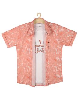 CAVIO - Boys Floral Print Spread Collar Half Sleeve Shirt & T-shirt - Peach