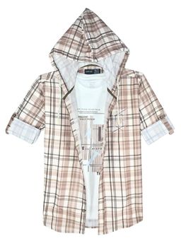 CAVIO - Boys Checkered Hooded Shirt & T-Shirt - Cream