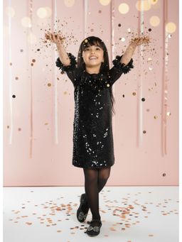 Mini Stitch - Sequence Woven 3/4th sleeves Embellished Mini Dress- Black