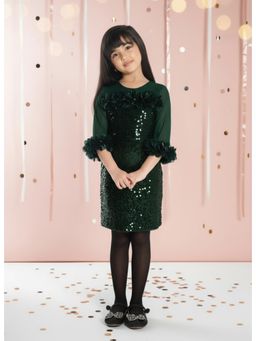Mini Stitch - Sequence Woven 3/4th sleeves Embellished Mini Dress- Green