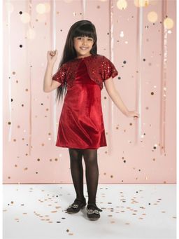 Mini Stitch - Velvet Woven half sleeves Embellished Mini Dress with Jacket- Maroon