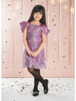 Mini Stitch - Net Woven half sleeves Embellished Mini Dress- Pink