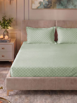 Urban Space - Tea Green Cubes 100% Cotton 300TC Bedsheet with 2 Pillow Covers (King)