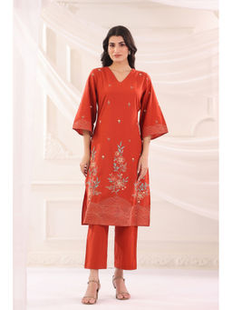 SAVI - Rust Cotton Flex Embroidered Designer Kurta with Pant