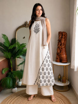 MAAND - Womens Off White Pure Cotton Printed A-Line Kurta with Pant and Scarf