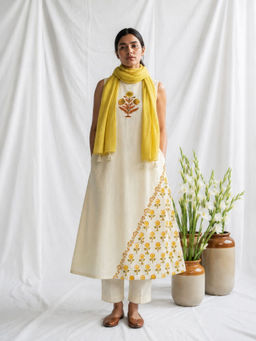 MAAND - Womens Yellow Pure Cotton Printed A-Line Kurta with Pant and Scarf