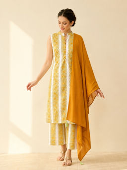 MAAND - Womens Mustard Pure Cotton Printed A-Line Kurta with Pant and Dupatta