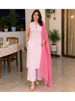 MAAND - Womens Pink Pure Cotton Printed A-Line Kurta with Pant and Dupatta