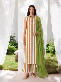 MAAND - Womens White Pure Cotton Printed A-Line Kurta with Palazzo and Dupatta