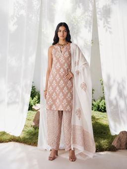 MAAND - Womens Brown Cotton Blend Printed Straight Kurta with Pant and Dupatta