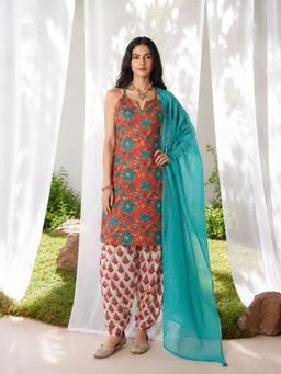 MAAND - Womens Red Cotton Blend Printed Straight Kurta with Pant and Dupatta