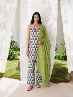 MAAND - Womens Off White Cotton Blend Printed Straight Kurta with Pant and Dupatta
