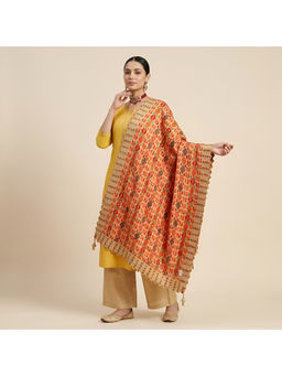 MUFFLY - Beige Heritage Mirror Work Chinon Dupatta