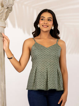 A&K - Green Geometric Print Ethnic Cotton Peplum Top