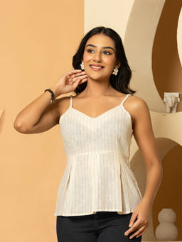 A&K - Off White Vertical Striped Khadi Peplum Top