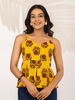 A&K - Yellow Floral Printed Pure Cotton Peplum Top