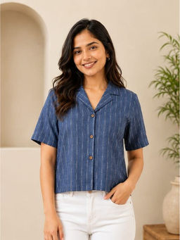 A&K - Navy Blue Vertical Striped Shirt Collar Top