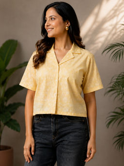 A&K - Cream Printed Cotton Lurex Shirt Style Top