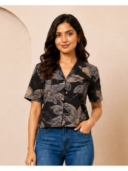A&K - Black Floral Printed Cotton Shirt Style Top
