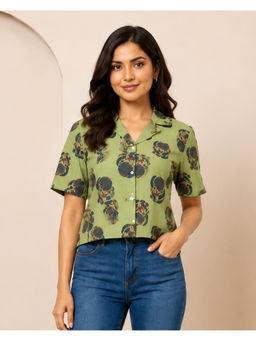 A&K - Green Floral Printed Cotton Shirt Style Top