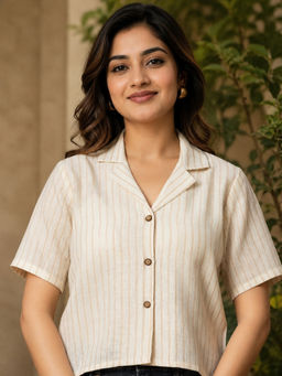 A&K - Off White Vertical Striped Khadi Shirt Style Top
