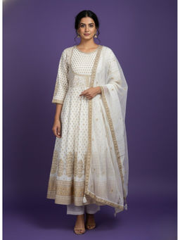 SPAN - Women White Festive Anarkali Kurta with Pant and Dupatta