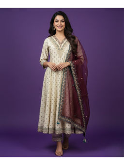 SPAN - Women Ivory Festive Anarkali Kurta with Pant and Dupatta