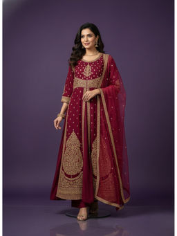 SPAN - Women Maroon Festive Anarkali Kurta with Pant and Dupatta
