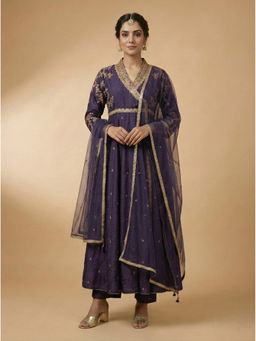SPAN - Women Purple Festive Anarkali Kurta with Pant and Dupatta