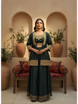 SPAN - Women Green Festive Top with Palazzo and Shrug