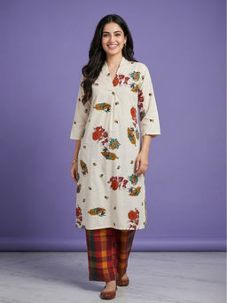 SPAN - Women Ivory Printed Casual Kurta with Pant