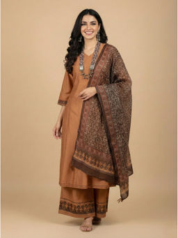 SPAN - Women Brown Casual Anarkali Kurta with Palazzo and Dupatta