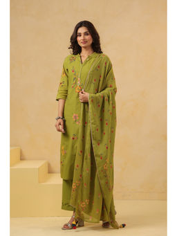 SAVI - Green Cotton Printed Straight Kurta with Pant and Dupatta