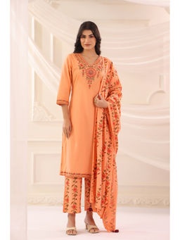 SAVI - Peach Cotton Embroidered Kurta with Pant and Dupatta