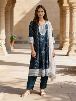 Rangita - Women Blue Printed Anarkali Kurta with Pant and Dupatta