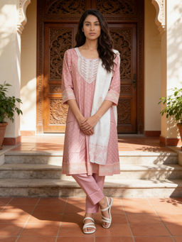Rangita - Women Pink Printed Anarkali Kurta with Pant and Dupatta