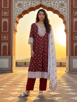 Rangita - Women Maroon Printed Anarkali Kurta with Pant and Dupatta