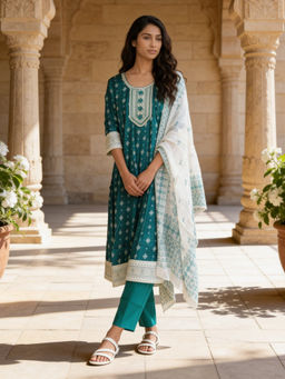Rangita - Women Turquoise Printed Anarkali Kurta with Pant and Dupatta