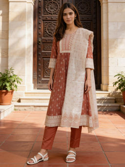 Rangita - Women Brown Printed Anarkali Kurta with Pant and Dupatta