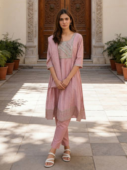 Rangita - Women Peach Embroidered Anarkali Kurta with Pant and Dupatta